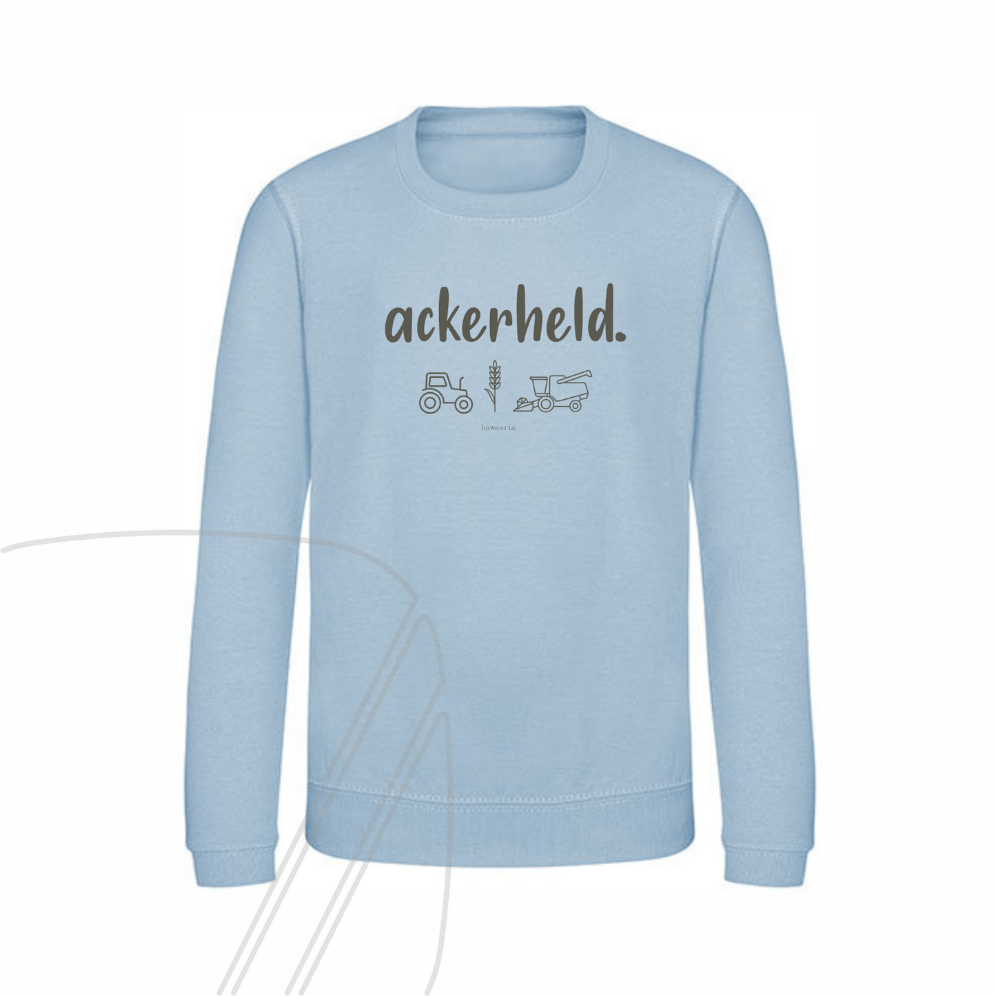 Vorderseite eines blauen Kinder-Sweatshirts mit dem Schriftzug "ackerheld." und minimalistischen Symbolen von Landmaschinen (Traktor, Mähdrescher) auf der Brust
