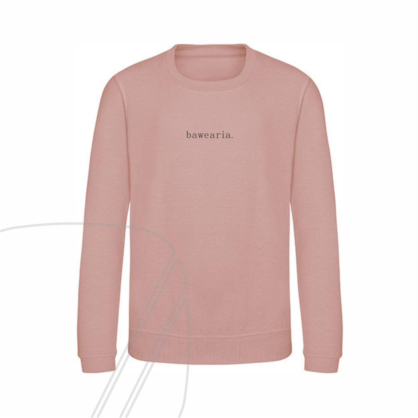 Vorderseite eines pinken Kinder-Sweatshirts mit dem minimalistischen Schriftzug "bawearia." mittig auf der Brust