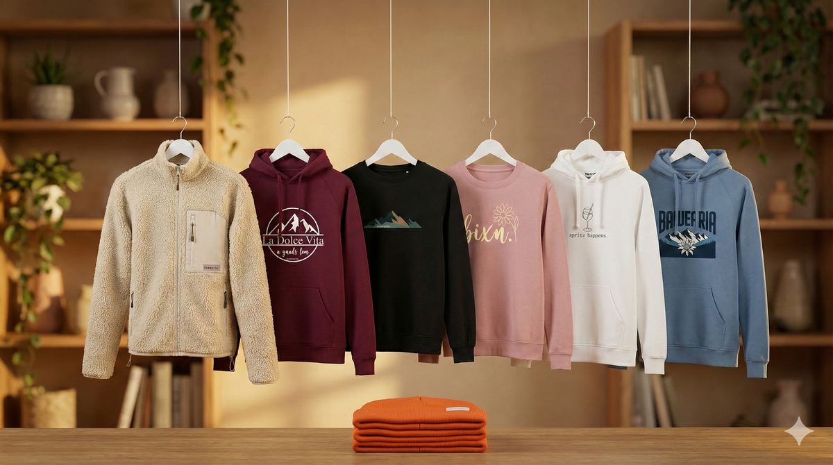 Bawearia Kollektion an Kleiderstange mit Jacke, Hoodies und Beanies