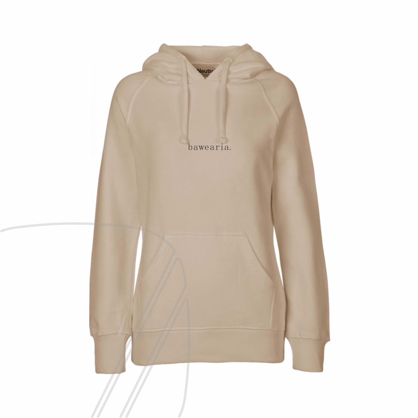Vorderseite eines beigen Hoodies mit Kapuze, Kängurutasche und minimalistischem "bawearia"-Schriftzug mittig auf der Brust