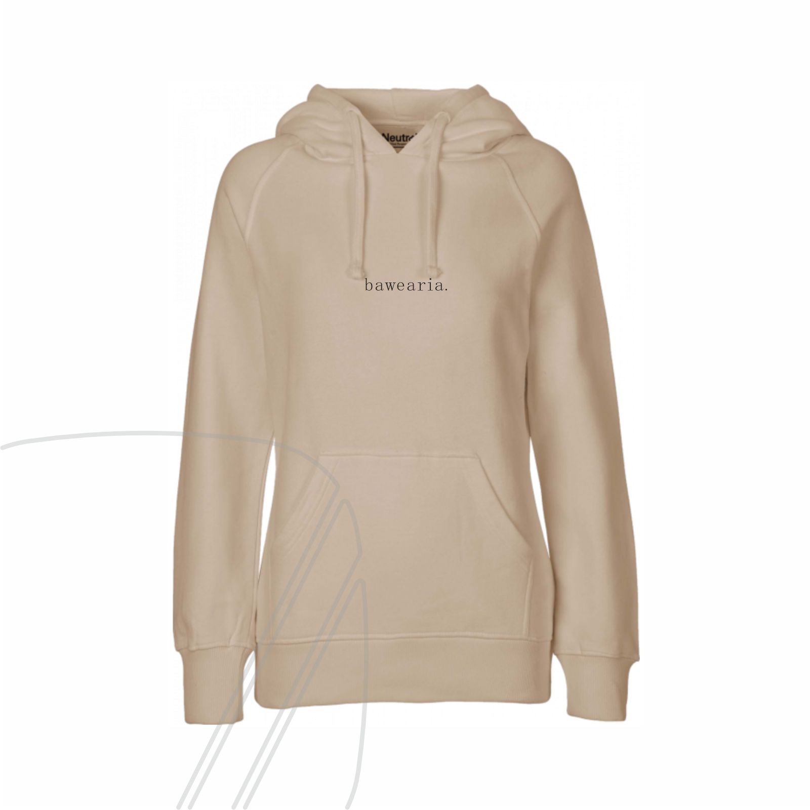 Vorderseite eines beigen Hoodies mit Kapuze, Kängurutasche und minimalistischem "bawearia"-Schriftzug mittig auf der Brust
