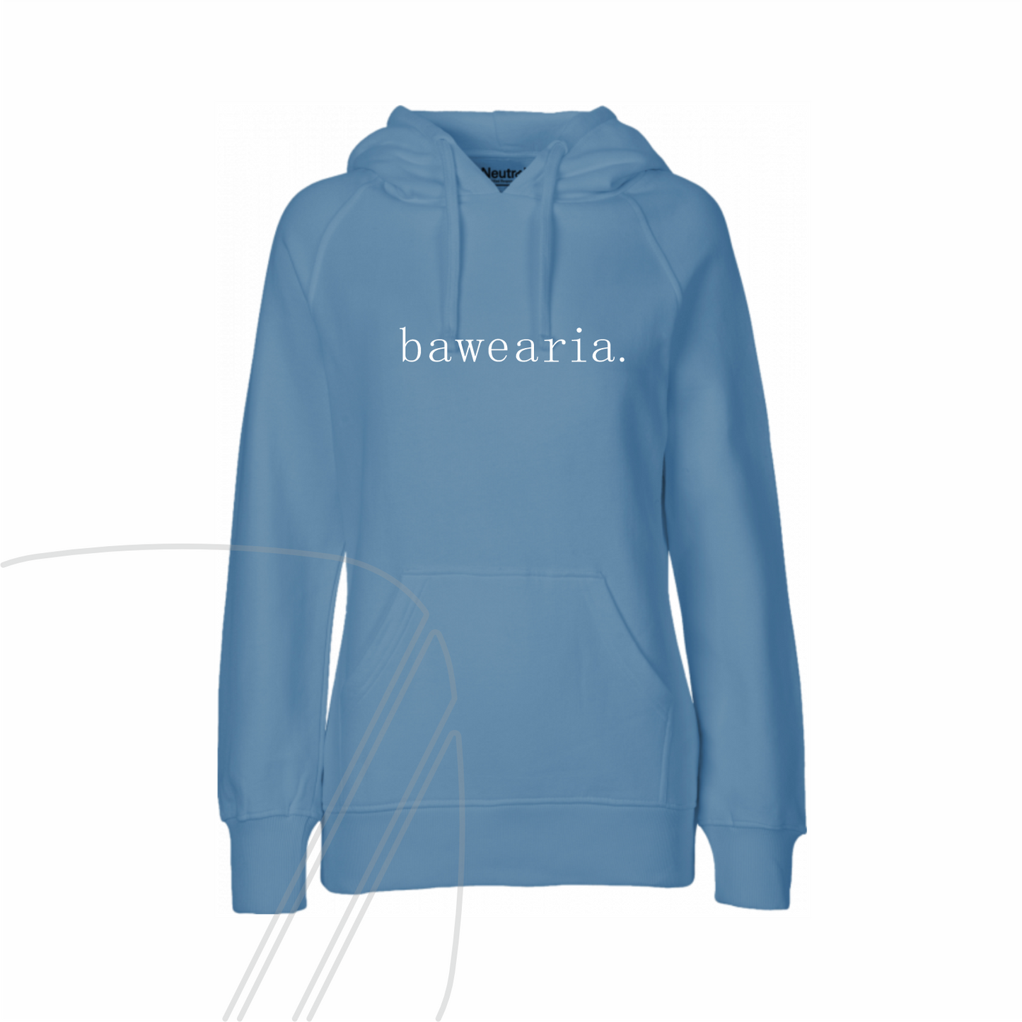 Vorderseite eines blauen Hoodies mit Kapuze, Kängurutasche und minimalistischem "bawearia"-Schriftzug mittig auf der Brust