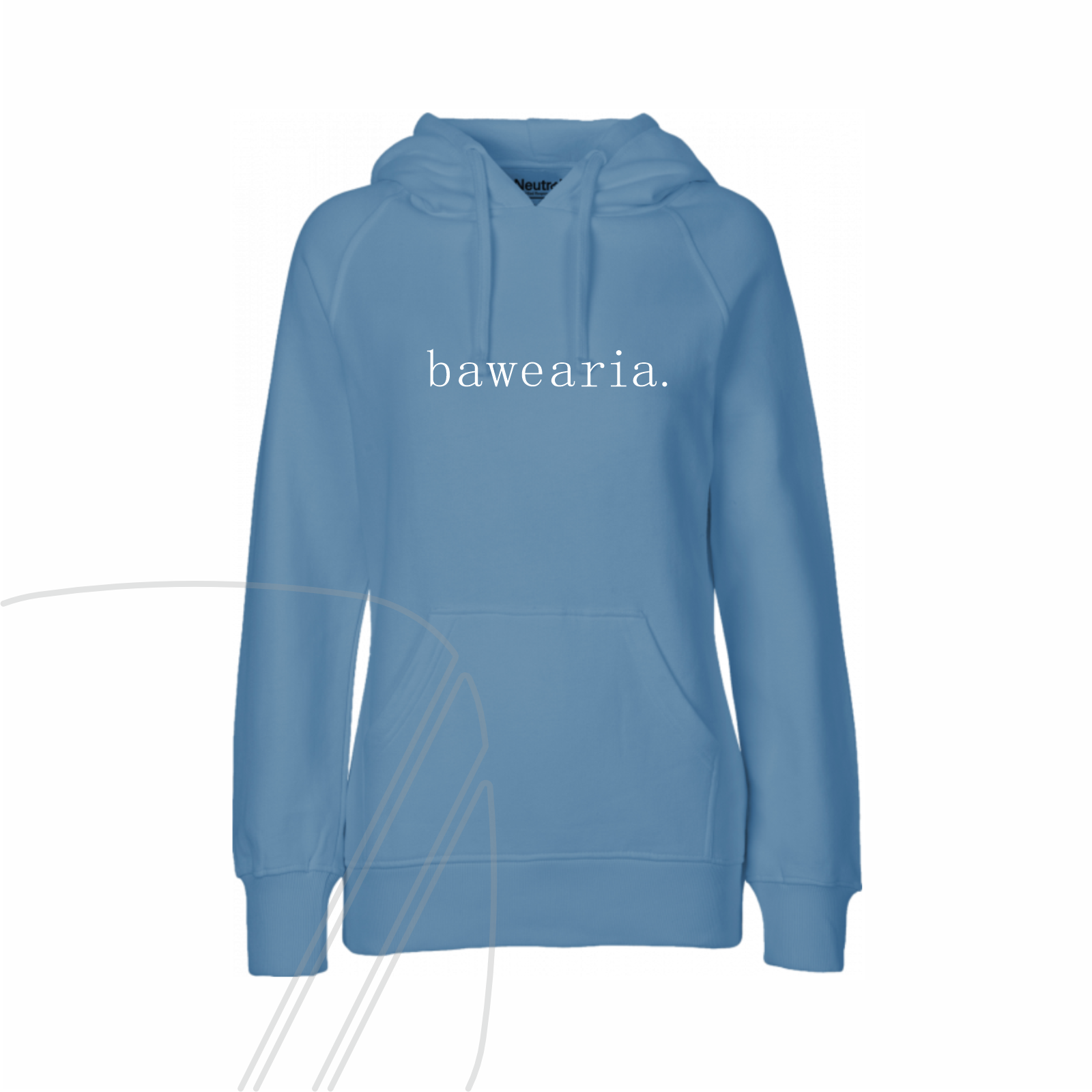Vorderseite eines blauen Hoodies mit Kapuze, Kängurutasche und minimalistischem "bawearia"-Schriftzug mittig auf der Brust