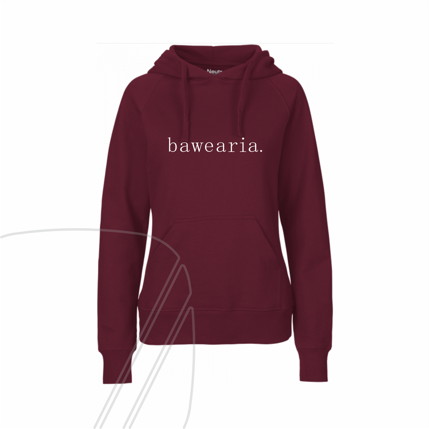 Vorderseite eines roten Hoodies mit Kapuze, Kängurutasche und minimalistischem "bawearia"-Schriftzug mittig auf der Brust