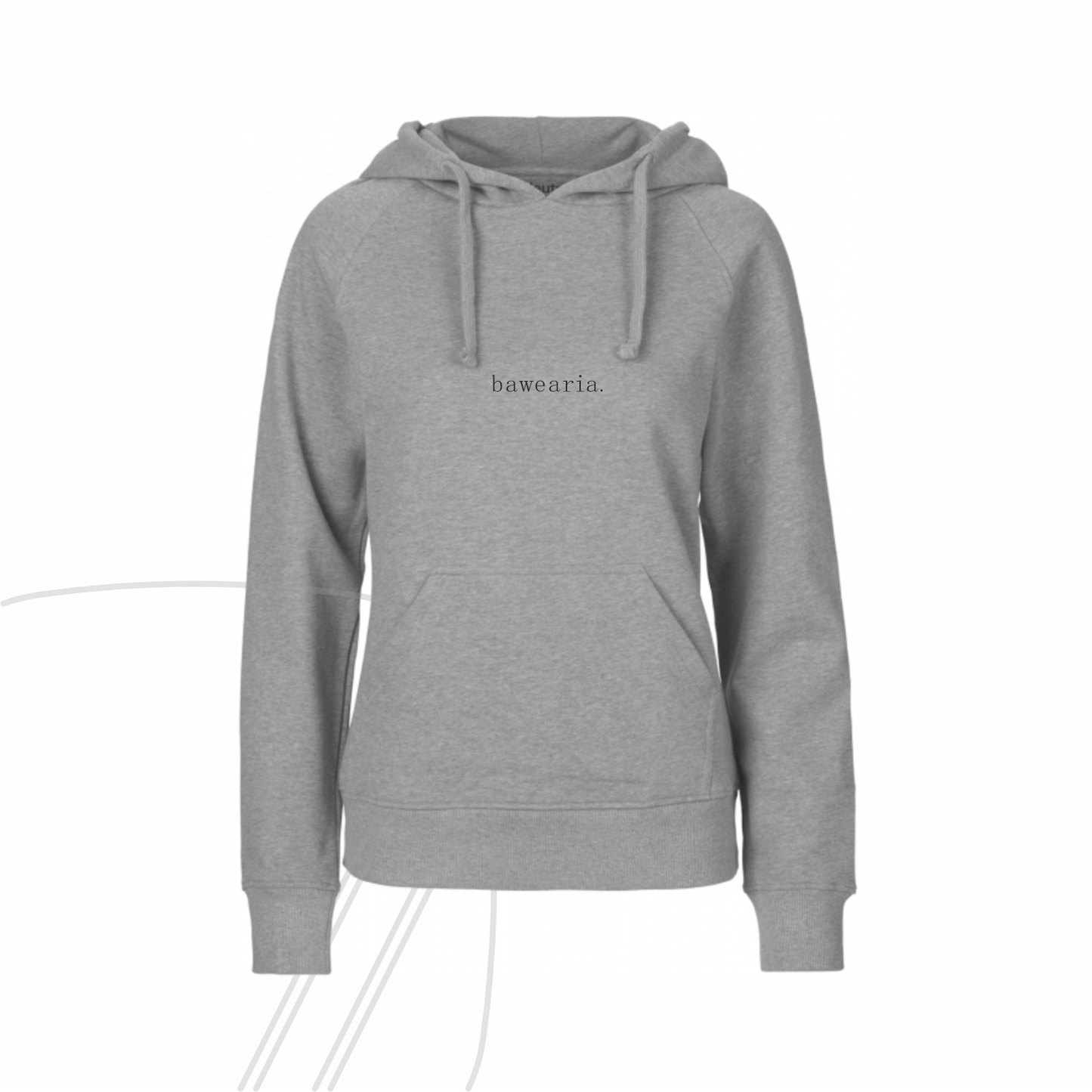 Vorderseite eines grauen Hoodies mit Kapuze, Kängurutasche und minimalistischem "bawearia"-Schriftzug mittig auf der Brust