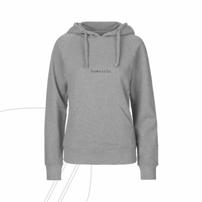 Vorderseite eines grauen Hoodies mit Kapuze, Kängurutasche und minimalistischem "bawearia"-Schriftzug mittig auf der Brust