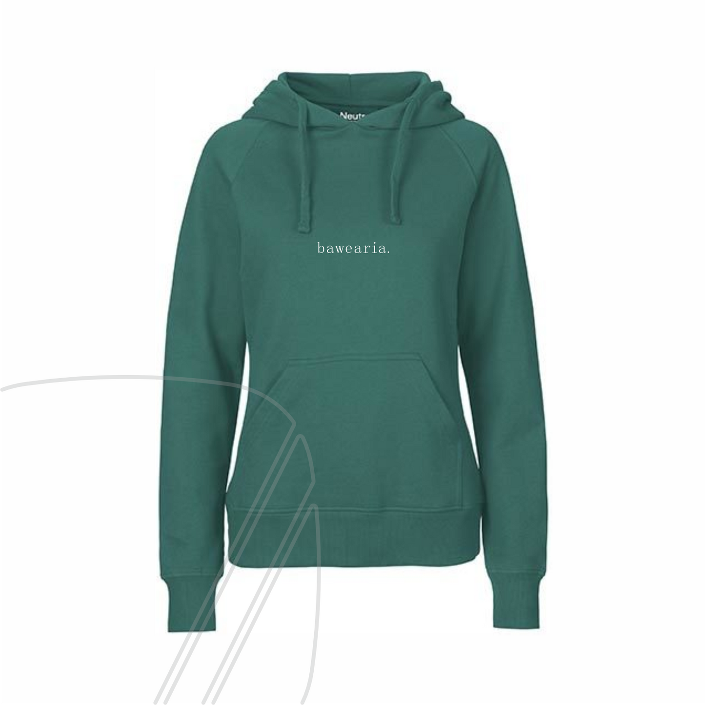 Vorderseite eines teal Hoodies mit Kapuze, Kängurutasche und minimalistischem "bawearia"-Schriftzug mittig auf der Brust