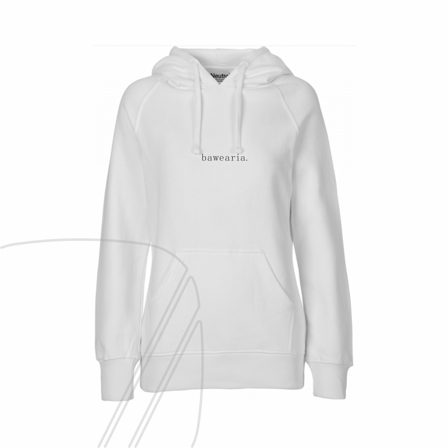 Vorderseite eines weißen Hoodies mit Kapuze, Kängurutasche und minimalistischem "bawearia"-Schriftzug mittig auf der Brust