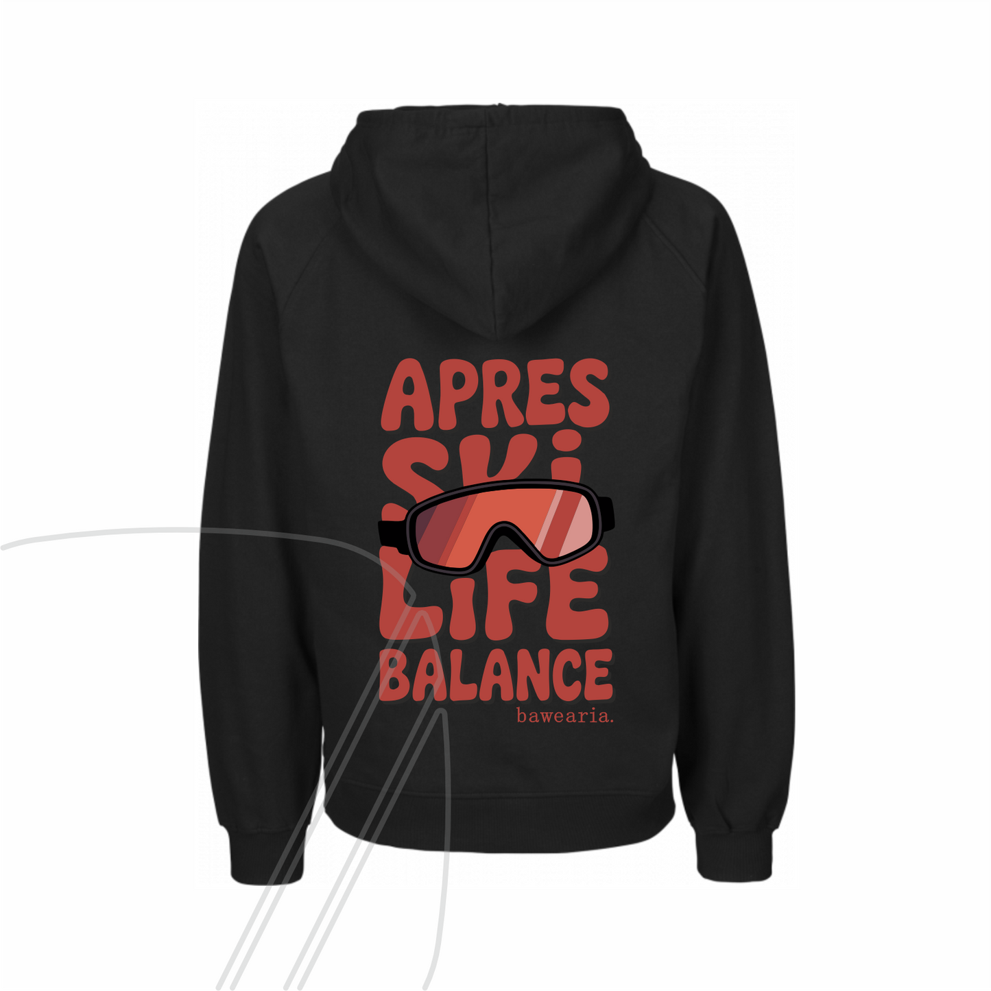 Rückansicht eines schwarz bawearia Hoodies mit dem großen roten Rückenprint "APRES SKI LIFE BALANCE" und Skibrillen-Motiv.