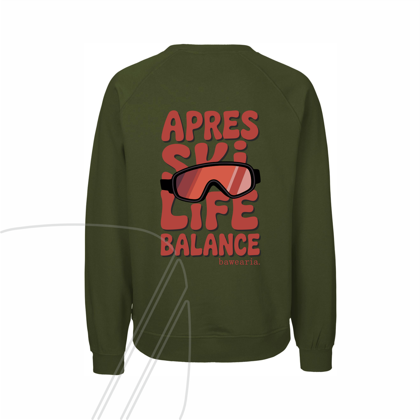 Rückansicht eines grün bawearia Sweatshirts mit dem großen roten Rückenprint "APRES SKI LIFE BALANCE" und Skibrillen-Motiv.