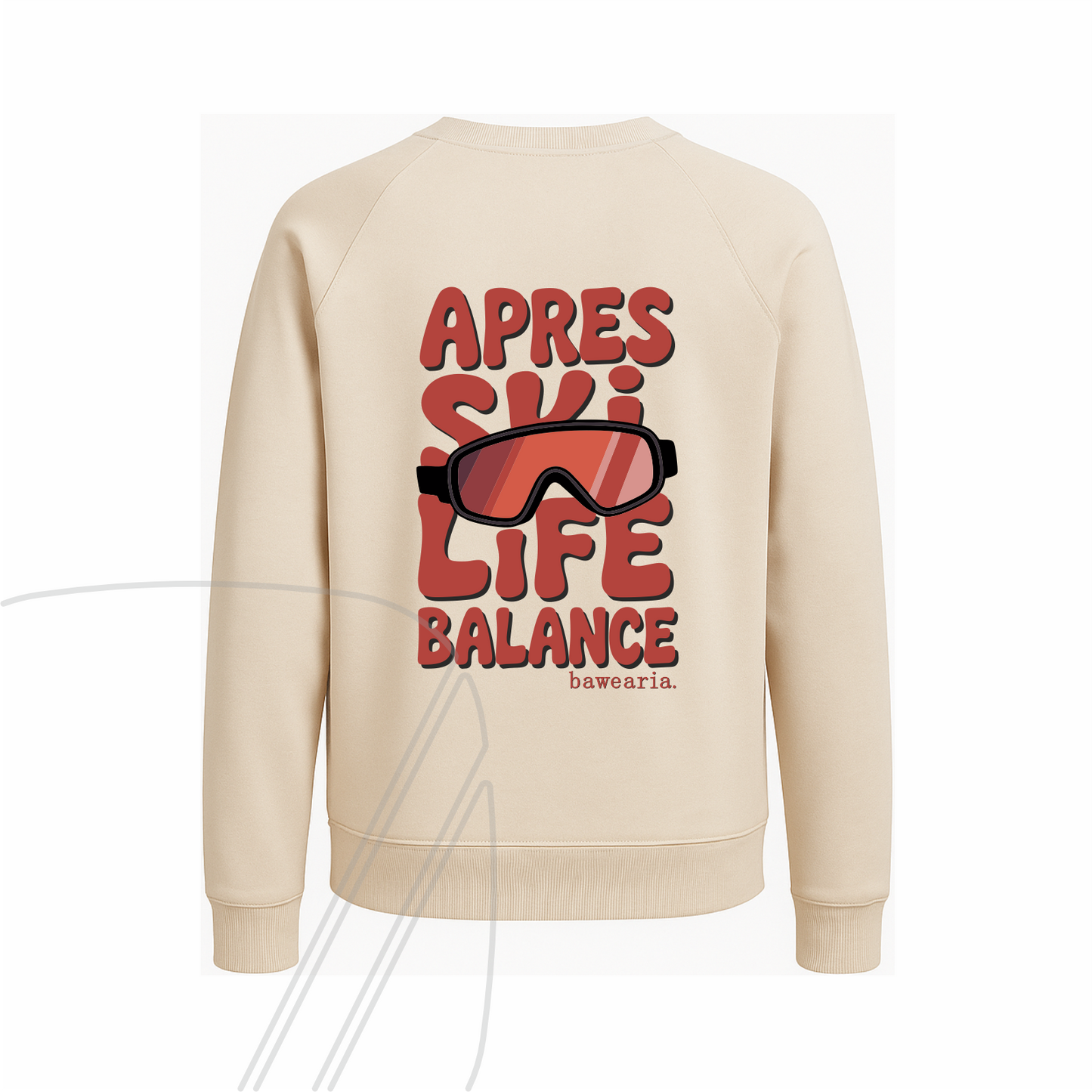 Rückansicht eines sand bawearia Sweatshirts mit dem großen roten Rückenprint "APRES SKI LIFE BALANCE" und Skibrillen-Motiv.