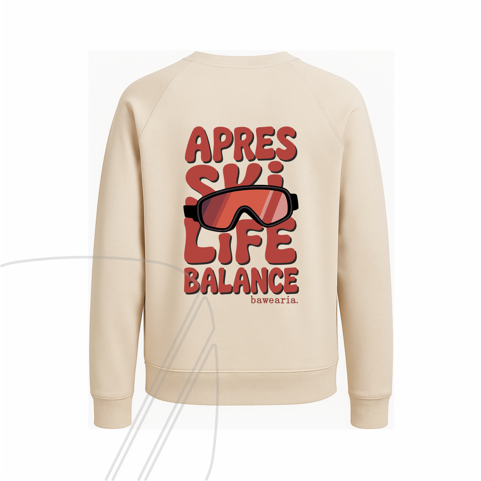 Rückansicht eines sand bawearia Sweatshirts mit dem großen roten Rückenprint "APRES SKI LIFE BALANCE" und Skibrillen-Motiv.