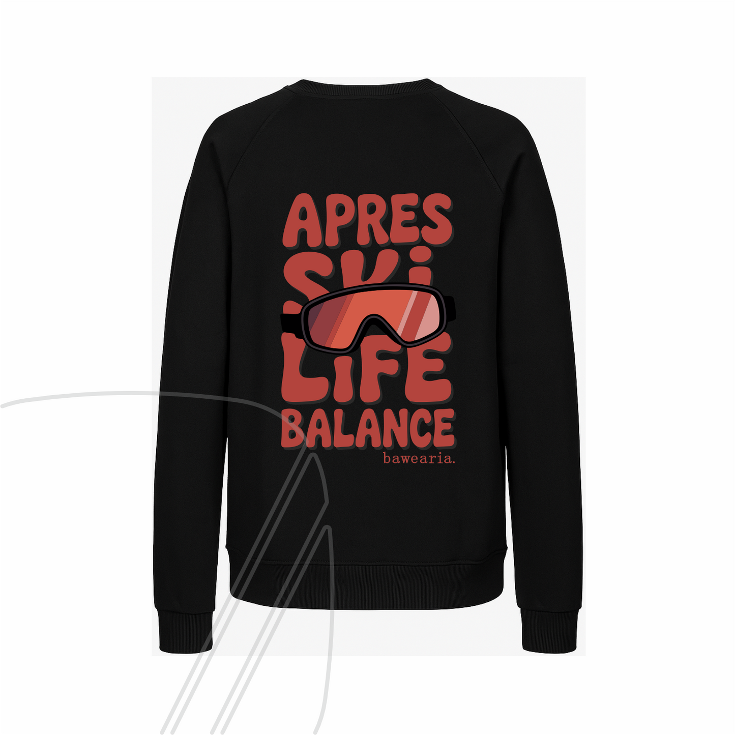 Rückansicht eines schwarzen bawearia Sweatshirts mit dem großen roten Rückenprint "APRES SKI LIFE BALANCE" und Skibrillen-Motiv.