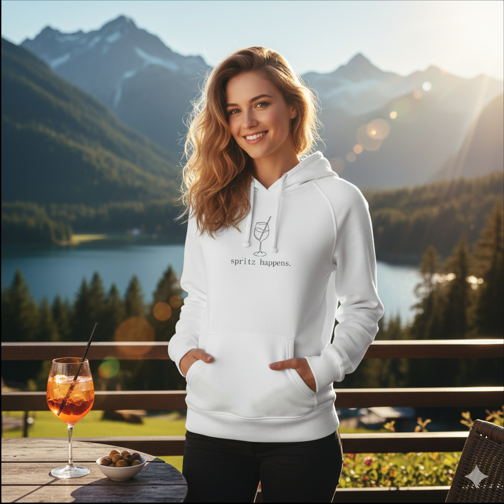 Lächelnde Frau auf einer Sonnenterrasse vor Bergsee-Kulisse trägt einen weißen Hoodie mit dem Spruch "spritz happens." und Spritz-Glas-Motiv
