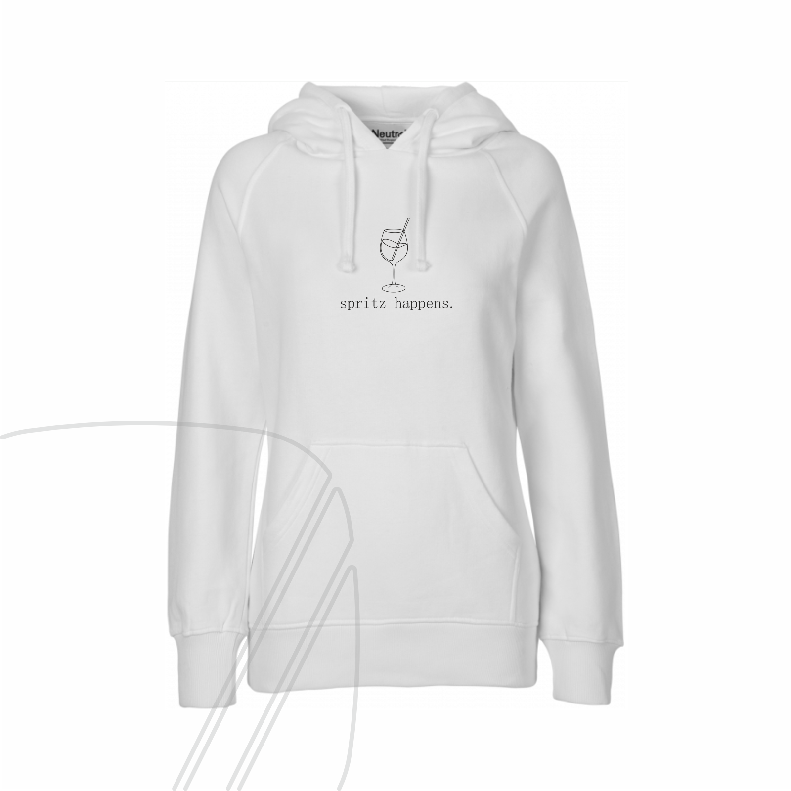 Vorderseite eines weißen Damen-Hoodies mit dem minimalistischen Spruch "spritz happens." und einer Strichzeichnung eines Spritz-Glases auf der Brust