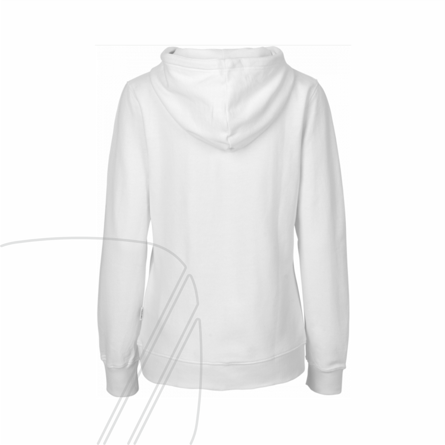 Rückseite eines weißen Damen-Hoodies mit dem orangen Schriftzug "spritzenklasse."