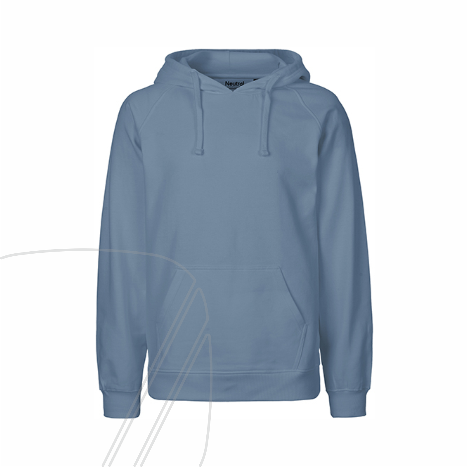 Vorderansicht eines blauen bawearia Hoodies mit Kängurutasche, Kordelzug und ohne Aufdruck.