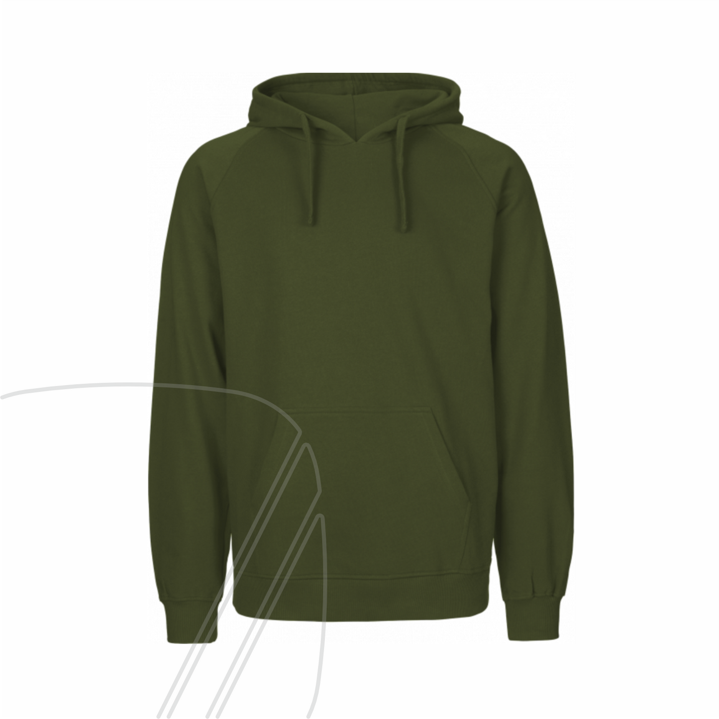 Vorderansicht eines grünen bawearia Hoodies mit Kängurutasche, Kordelzug und ohne Aufdruck.