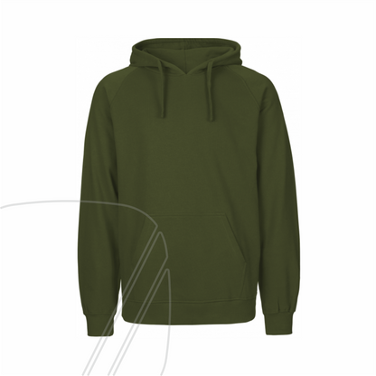 Vorderansicht eines grünen bawearia Hoodies mit Kängurutasche, Kordelzug und ohne Aufdruck.
