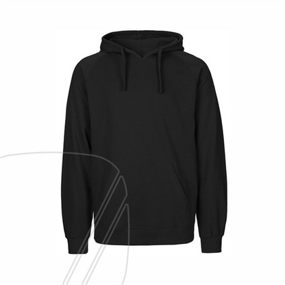 Vorderansicht eines schwarz bawearia Hoodies mit Kängurutasche, Kordelzug und ohne Aufdruck.