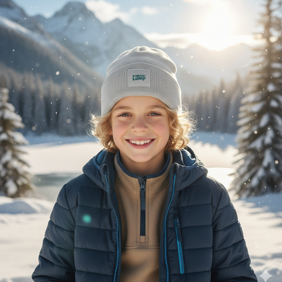 Lächelnder Junge im Schnee trägt eine graue Strickmütze mit dem grünen Aufnäher "originaler Lump" vor einer sonnigen Winterlandschaft.