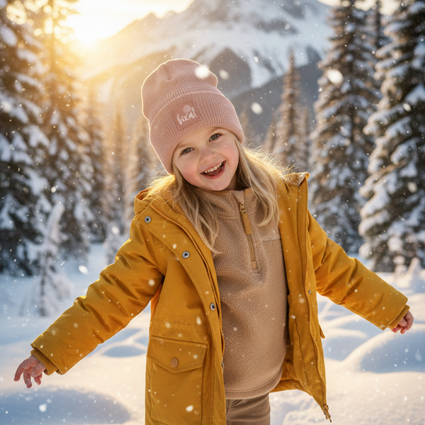 Lächelndes Mädchen im Schnee trägt eine rosa Strickmütze mit dem Aufnäher "Bixn" und eine gelbe Winterjacke vor einer sonnigen Winterlandschaft.