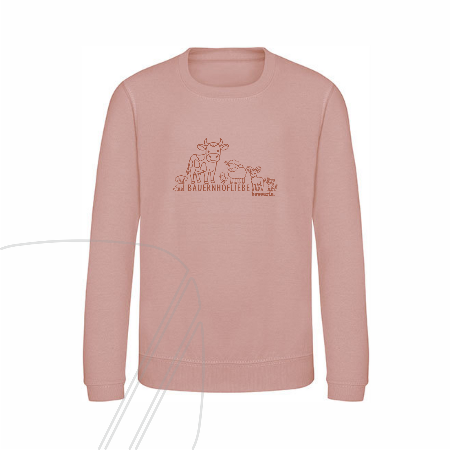 Vorderseite eines altrosa Kinder-Sweatshirts mit einer Strichzeichnung von Bauernhoftieren und dem Schriftzug "BAUERNHOFLIEBE" auf der Brust