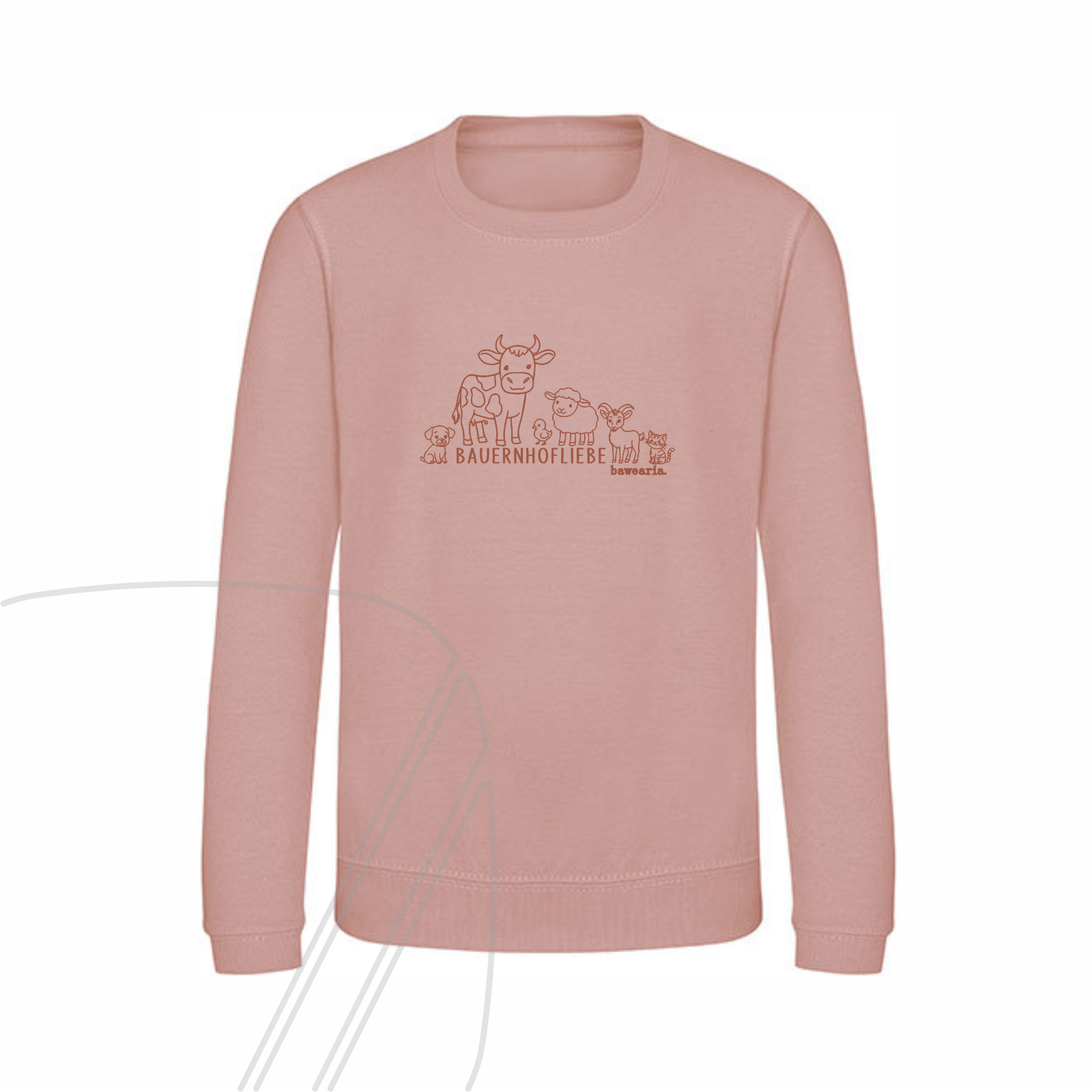 Vorderseite eines altrosa Kinder-Sweatshirts mit einer Strichzeichnung von Bauernhoftieren und dem Schriftzug "BAUERNHOFLIEBE" auf der Brust