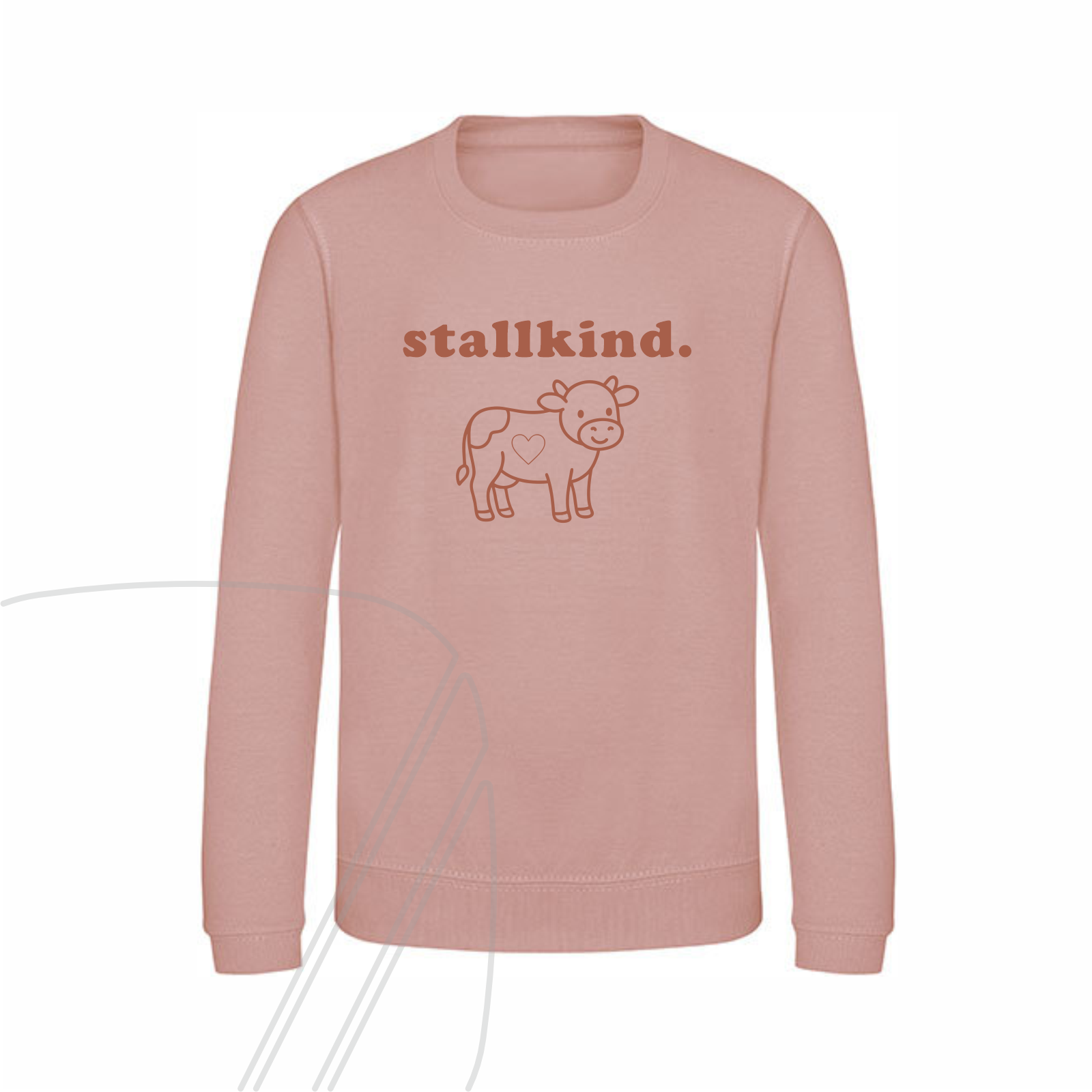 Vorderseite eines altrosa Kinder-Sweatshirts mit dem Schriftzug "stallkind." und einer niedlichen Kuh-Zeichnung auf der Brust