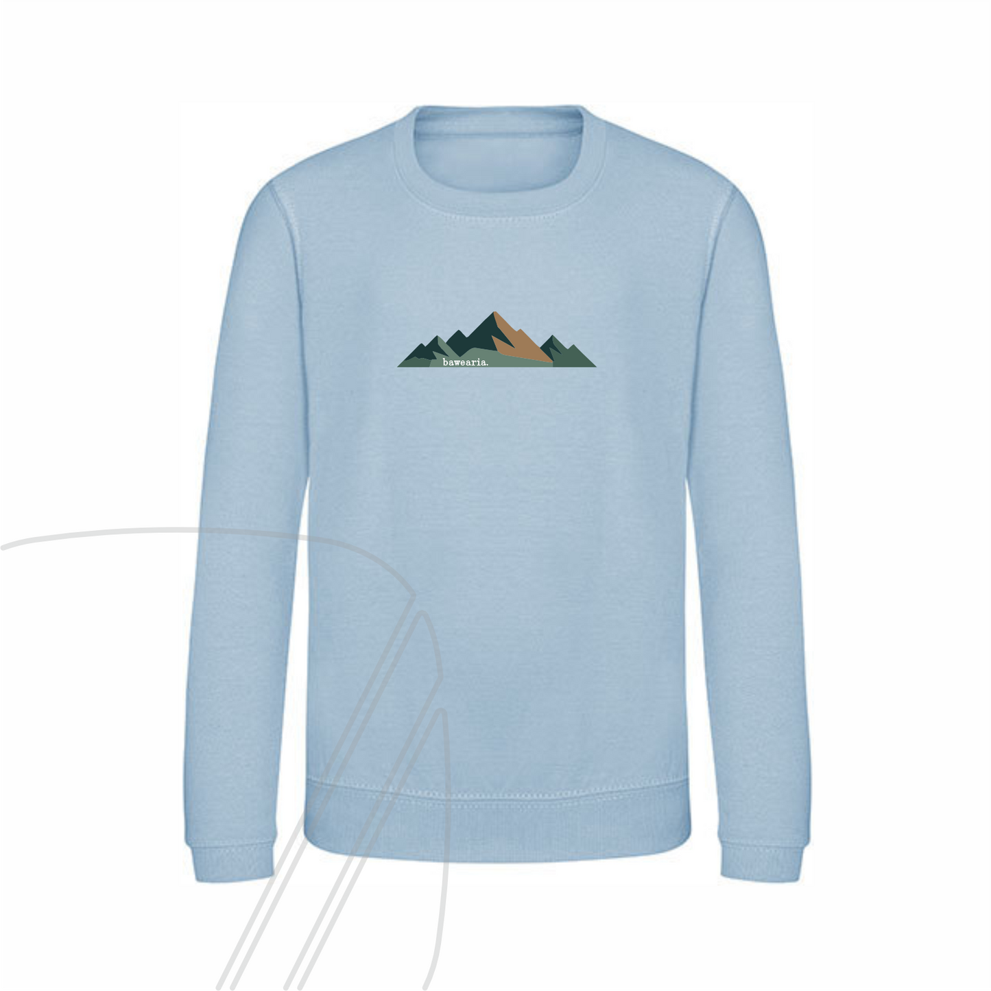 Vorderseite eines blauen Kinder-Sweatshirts mit einem geometrischen Berg-Motiv in Erd-Tönen auf der Brust