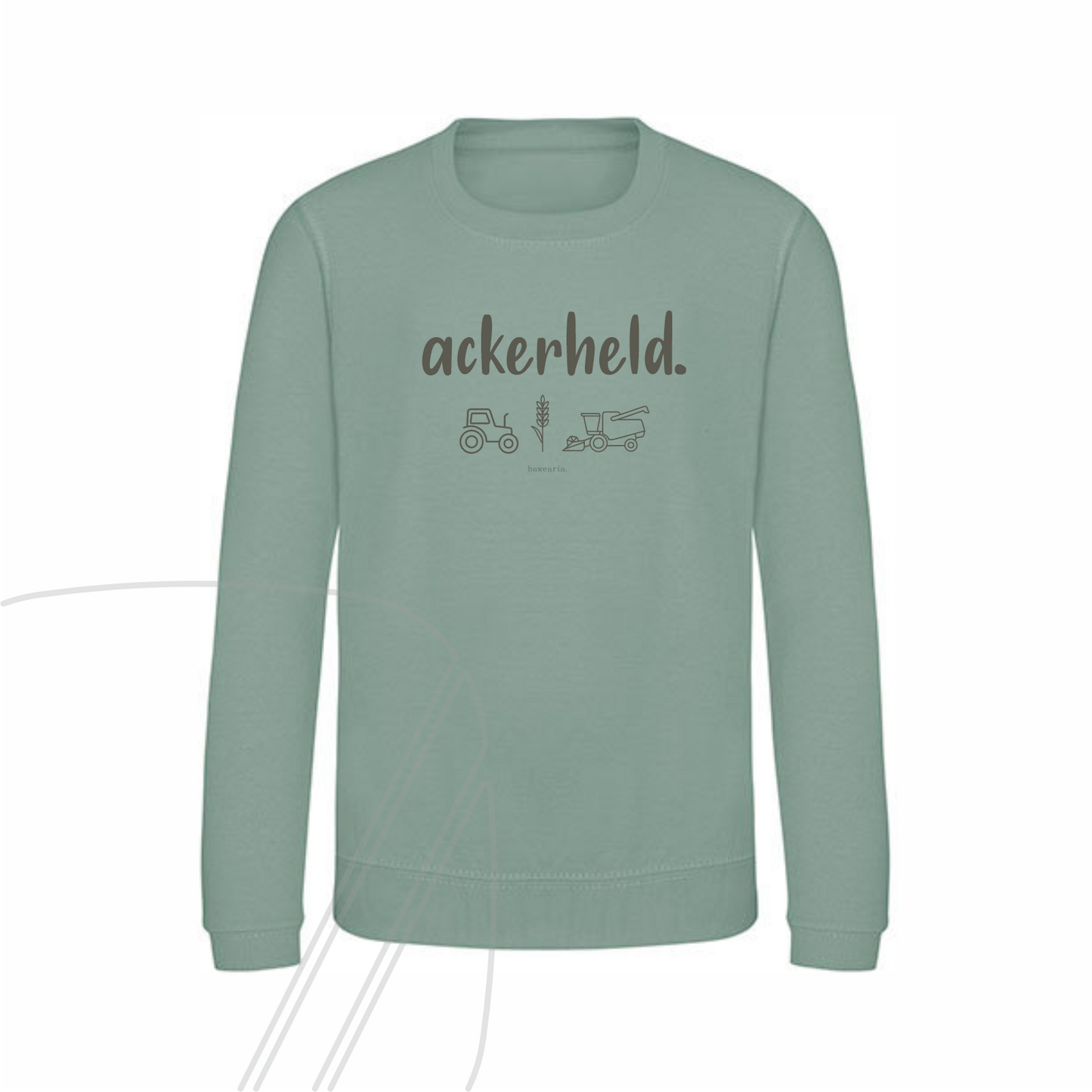 Vorderseite eines grünen Kinder-Sweatshirts mit dem Schriftzug "ackerheld." und minimalistischen Symbolen von Landmaschinen (Traktor, Mähdrescher) auf der Brust