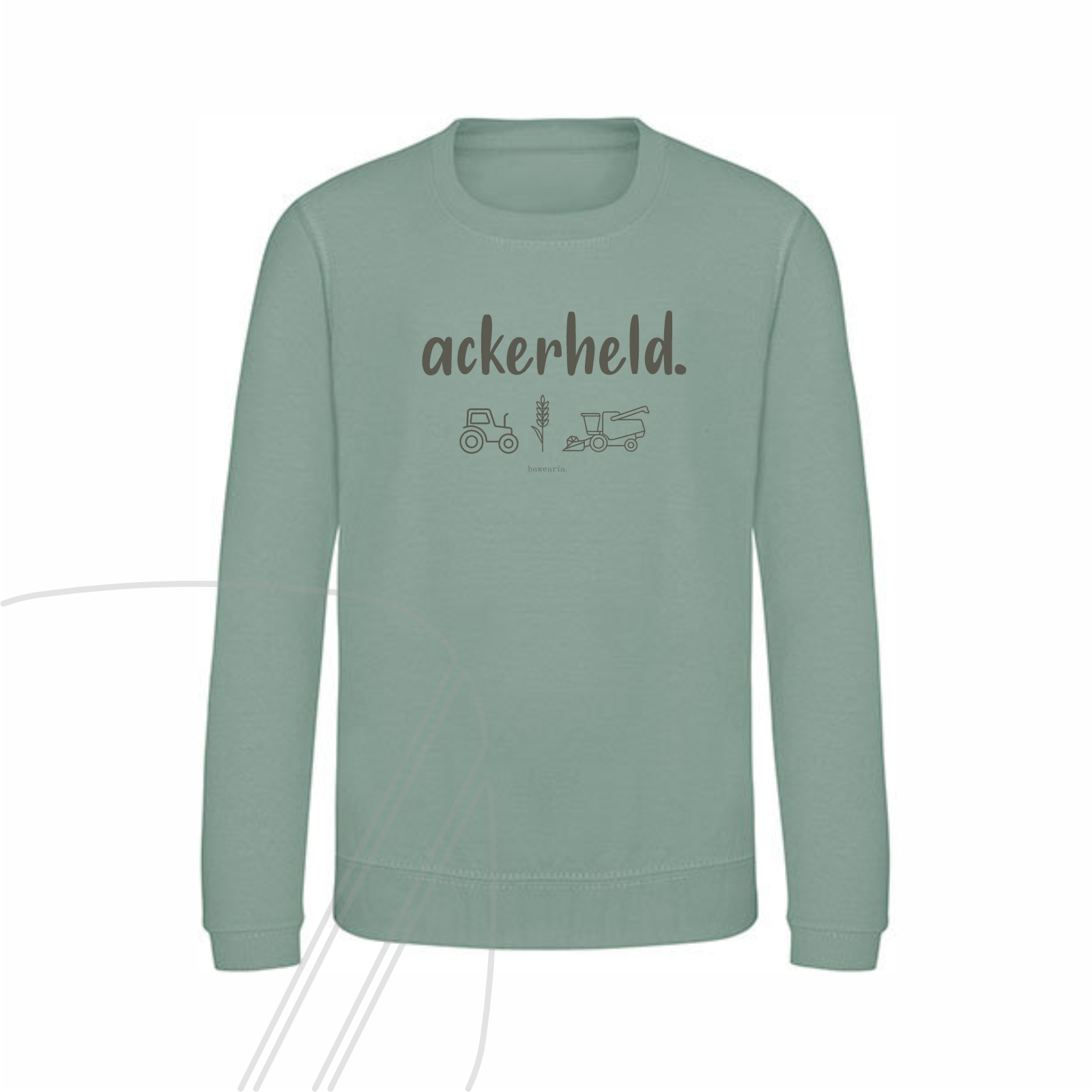 Vorderseite eines grünen Kinder-Sweatshirts mit dem Schriftzug "ackerheld." und minimalistischen Symbolen von Landmaschinen (Traktor, Mähdrescher) auf der Brust