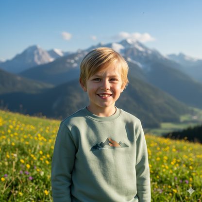 Lachender Junge steht auf einer Blumenwiese vor Bergpanorama und trägt ein grünes Kinder-Sweatshirt mit geometrischem Berg-Motiv