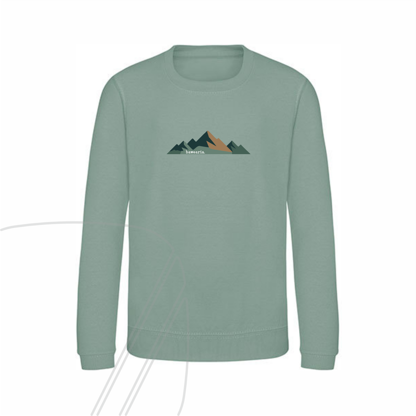 Vorderseite eines grünen Kinder-Sweatshirts mit einem geometrischen Berg-Motiv in Erd-Tönen auf der Brust