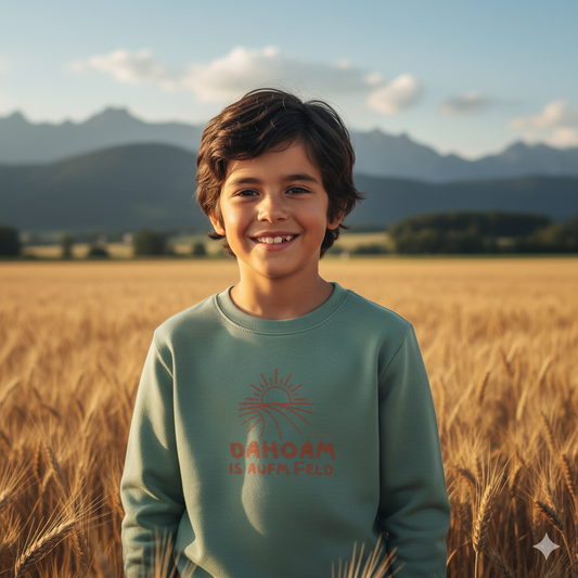 Lachender Junge steht in einem Getreidefeld vor Bergkulisse und trägt ein grünes Sweatshirt mit dem Spruch "DAHOAM IS AUFM FELD" und Feld-Grafik