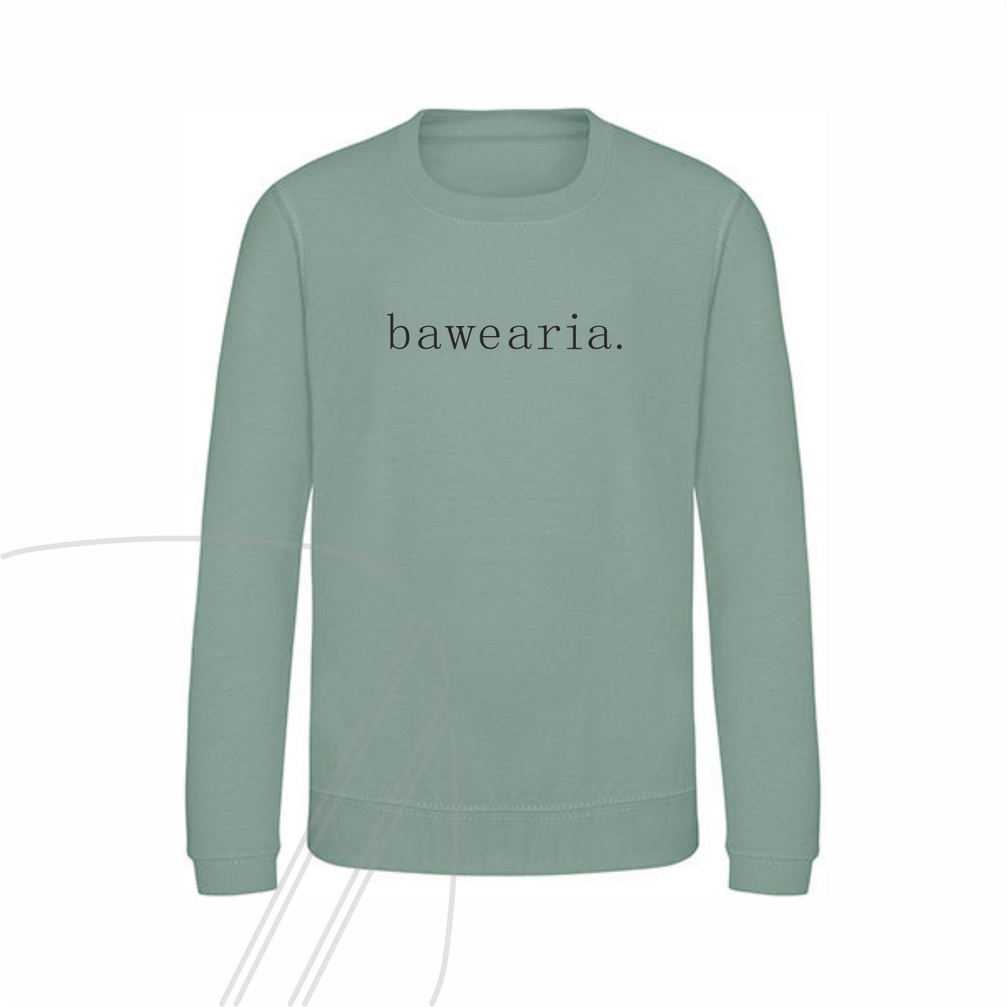 Vorderseite eines grünen Kinder-Sweatshirts mit dem minimalistischen Schriftzug "bawearia." mittig auf der Brust