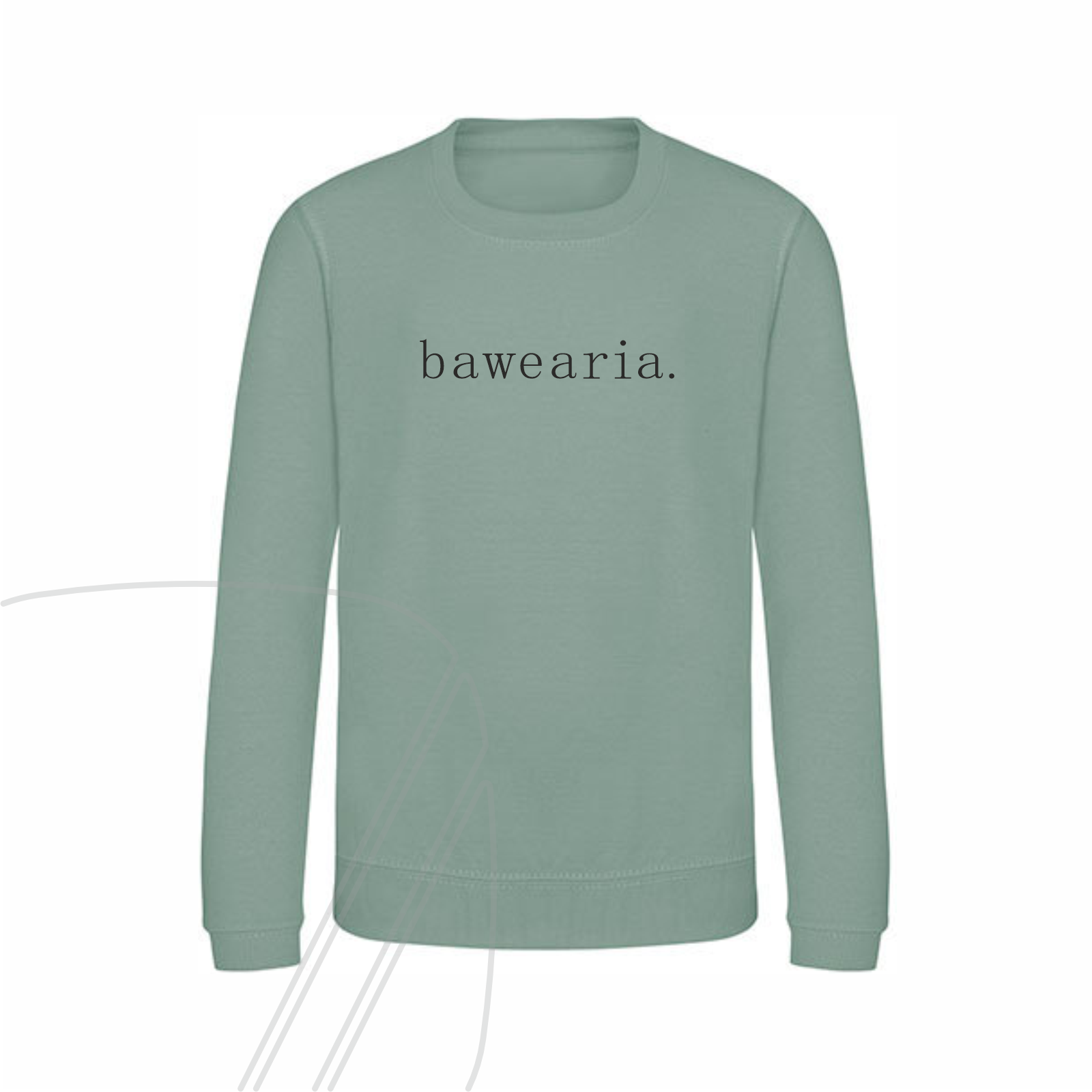 Vorderseite eines grünen Kinder-Sweatshirts mit dem minimalistischen Schriftzug "bawearia." mittig auf der Brust