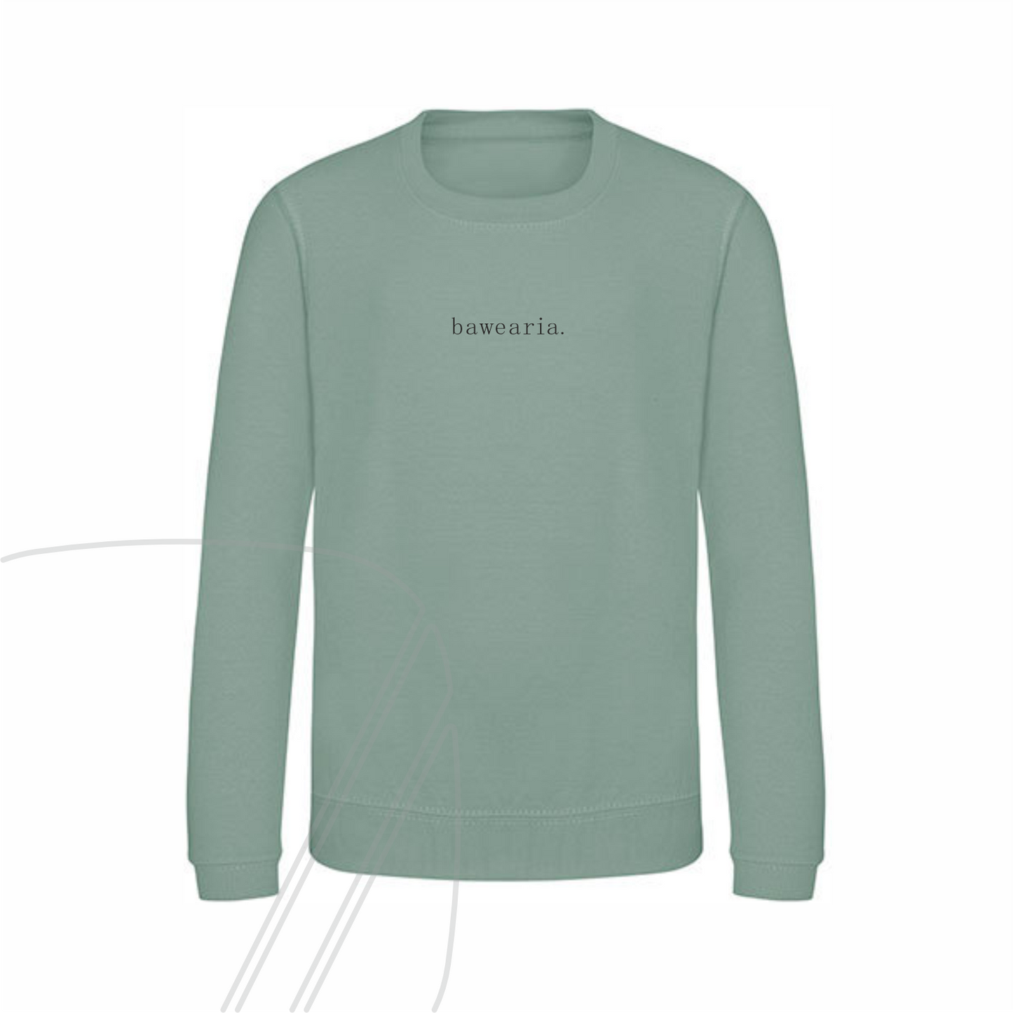 Vorderseite eines grünen Kinder-Sweatshirts mit dem minimalistischen Schriftzug "bawearia." mittig auf der Brust