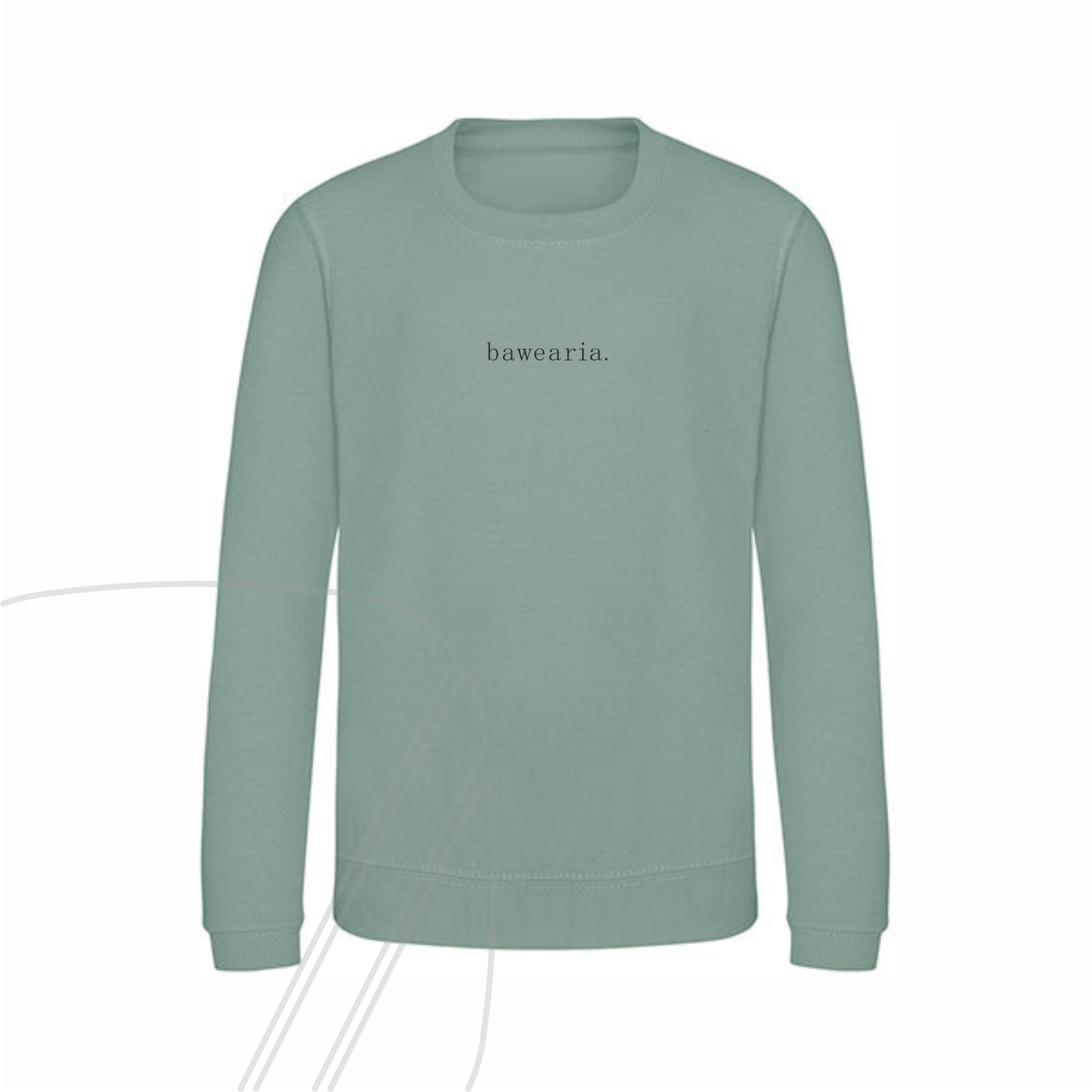 Vorderseite eines grünen Kinder-Sweatshirts mit dem minimalistischen Schriftzug "bawearia." mittig auf der Brust