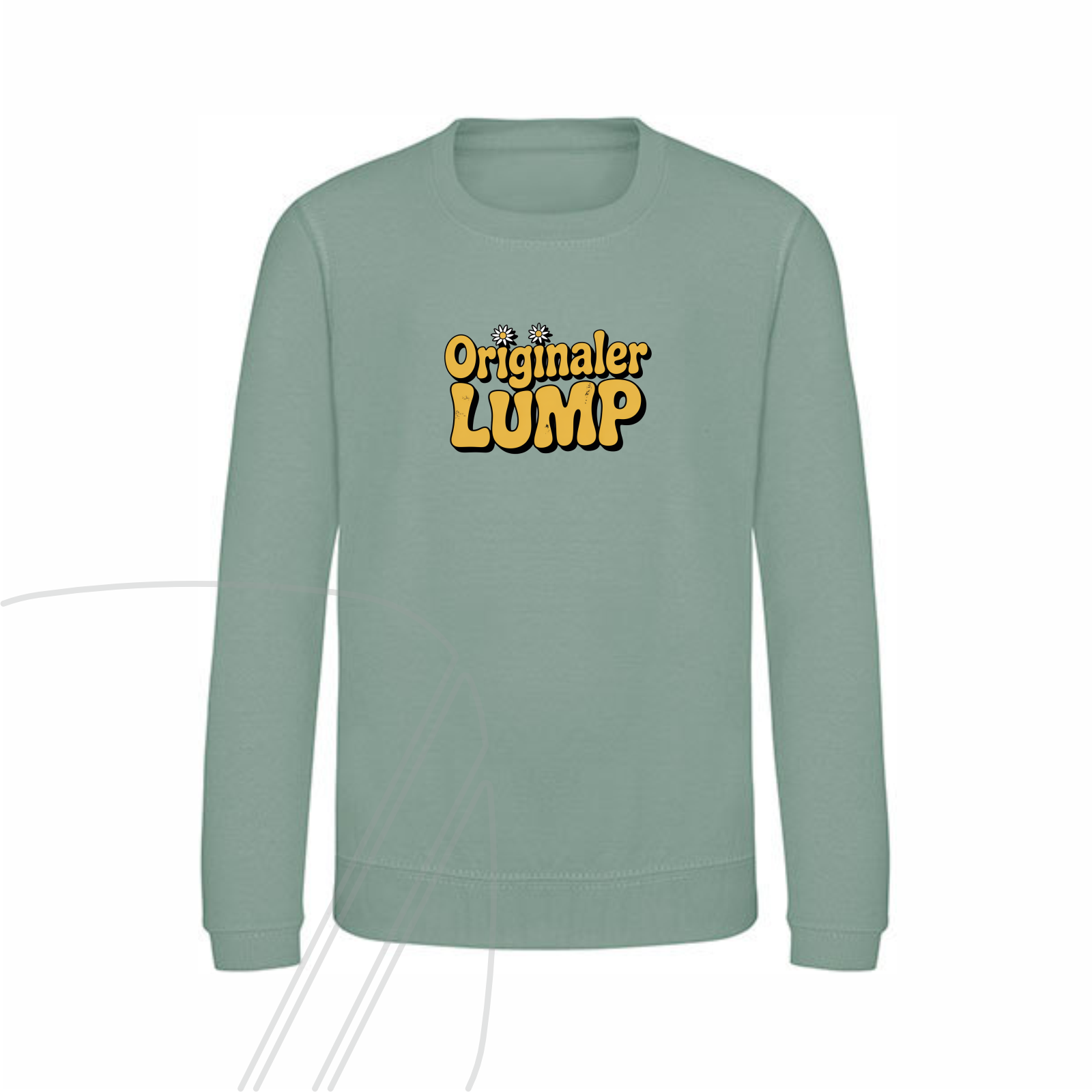Vorderseite eines grünen Kinder-Sweatshirts mit dem gelben Retro-Schriftzug "Originaler LUMP" und kleinen Gänseblümchen auf der Brust