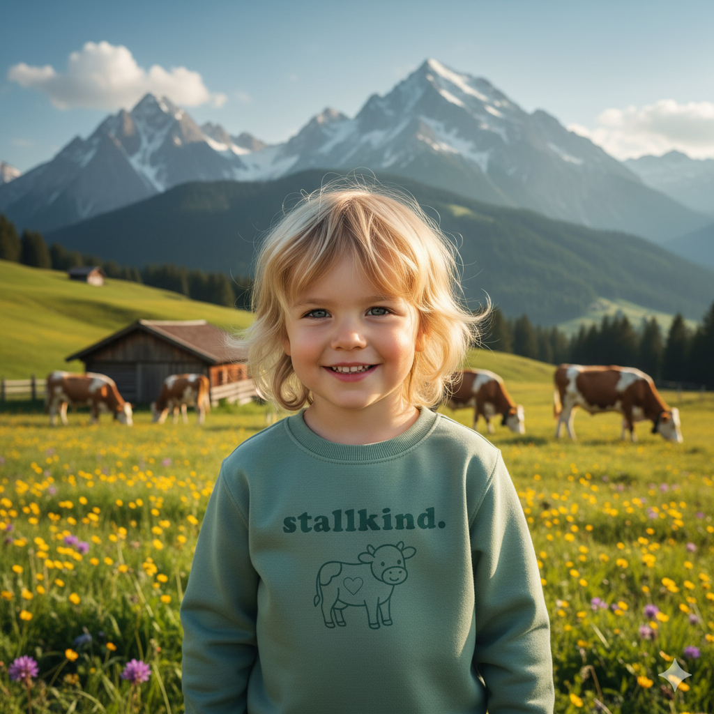 Lachendes Kind auf einer Almwiese mit Kühen und Bergen im Hintergrund trägt ein grünes Sweatshirt mit "stallkind."-Schriftzug und Kuh-Motiv