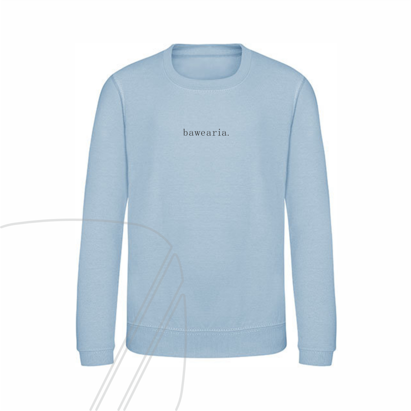 Vorderseite eines hellblauen Kinder-Sweatshirts mit dem minimalistischen Schriftzug "bawearia." mittig auf der Brust