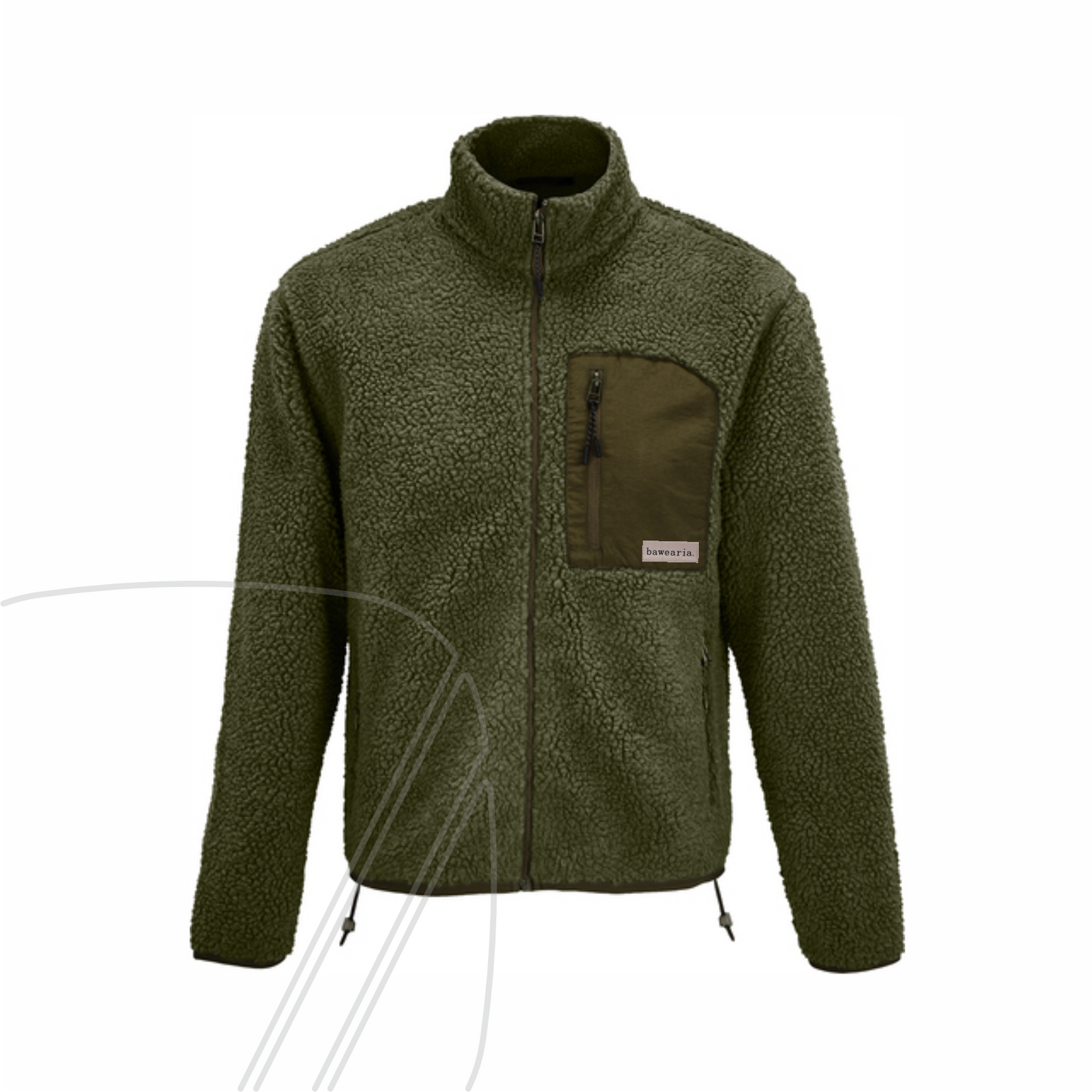 Vorderseite einer grünen Teddy-Fleece-Jacke mit hohem Kragen, Reißverschluss und einer Brusttasche mit bawearia-Logo-Patch
