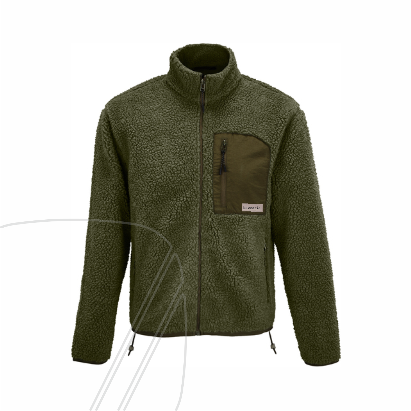 Vorderseite einer grünen Teddy-Fleece-Jacke mit hohem Kragen, Reißverschluss und einer Brusttasche mit bawearia-Logo-Patch