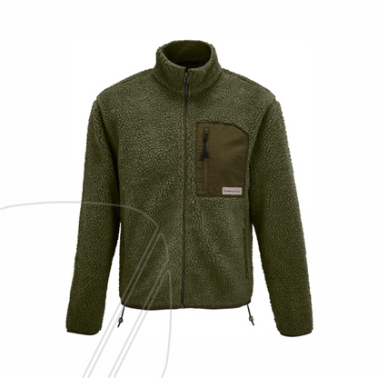 Vorderseite einer grünen Teddy-Fleece-Jacke mit hohem Kragen, Reißverschluss und einer Brusttasche mit bawearia-Logo-Patch