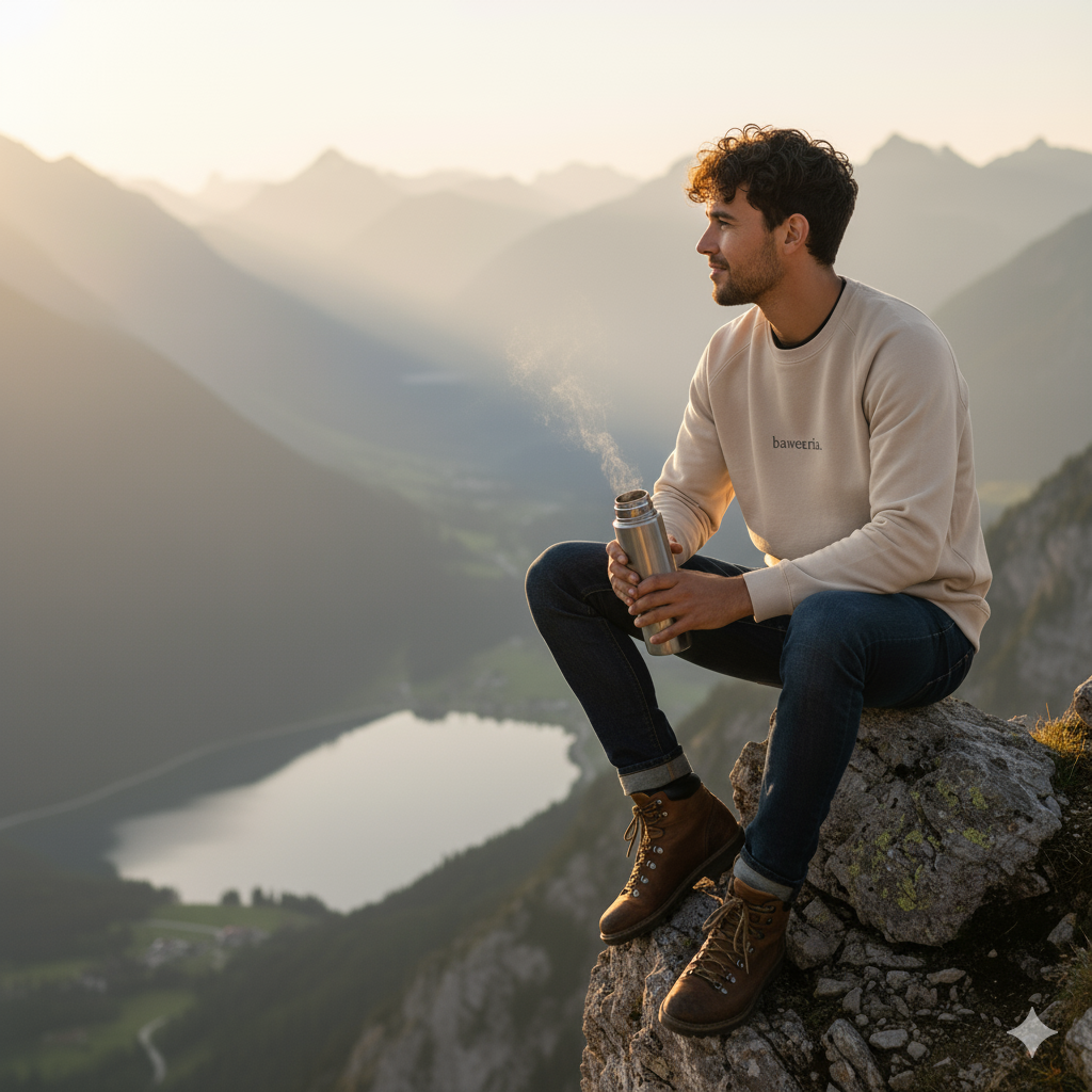 Mann sitzt auf einem Felsen in den Bergen, hält eine dampfende Thermoskanne und trägt ein beiges bawearia Sweatshirt mit Logo-Stickerei im Sonnenaufgang.