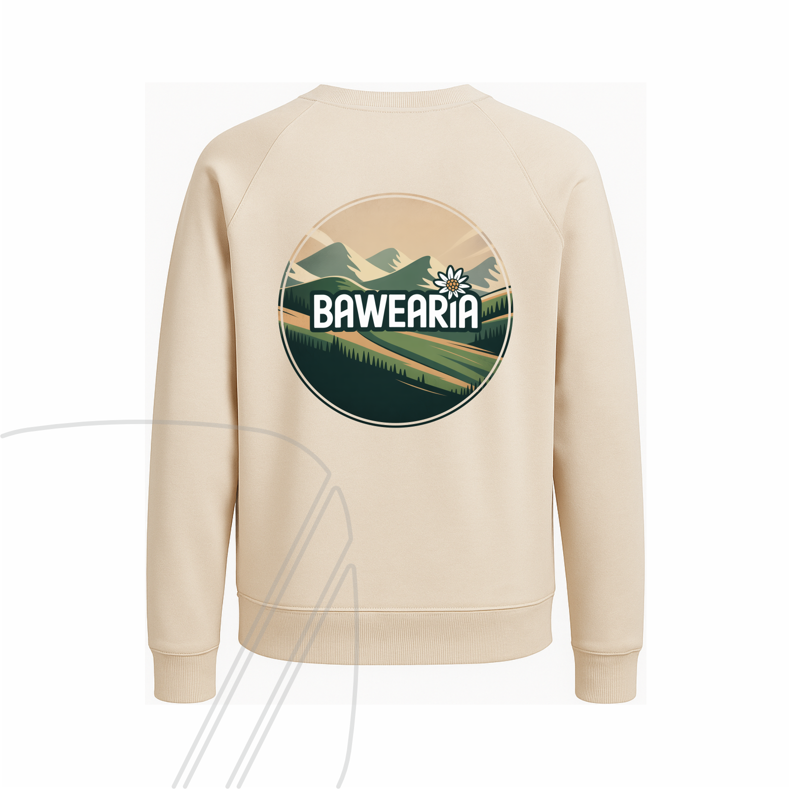 Rückseite eines beigen Sweatshirts mit großem, rundem Rückenprint, der eine Berglandschaft, ein Edelweiß und den "BAWEARIA"-Schriftzug zeigt