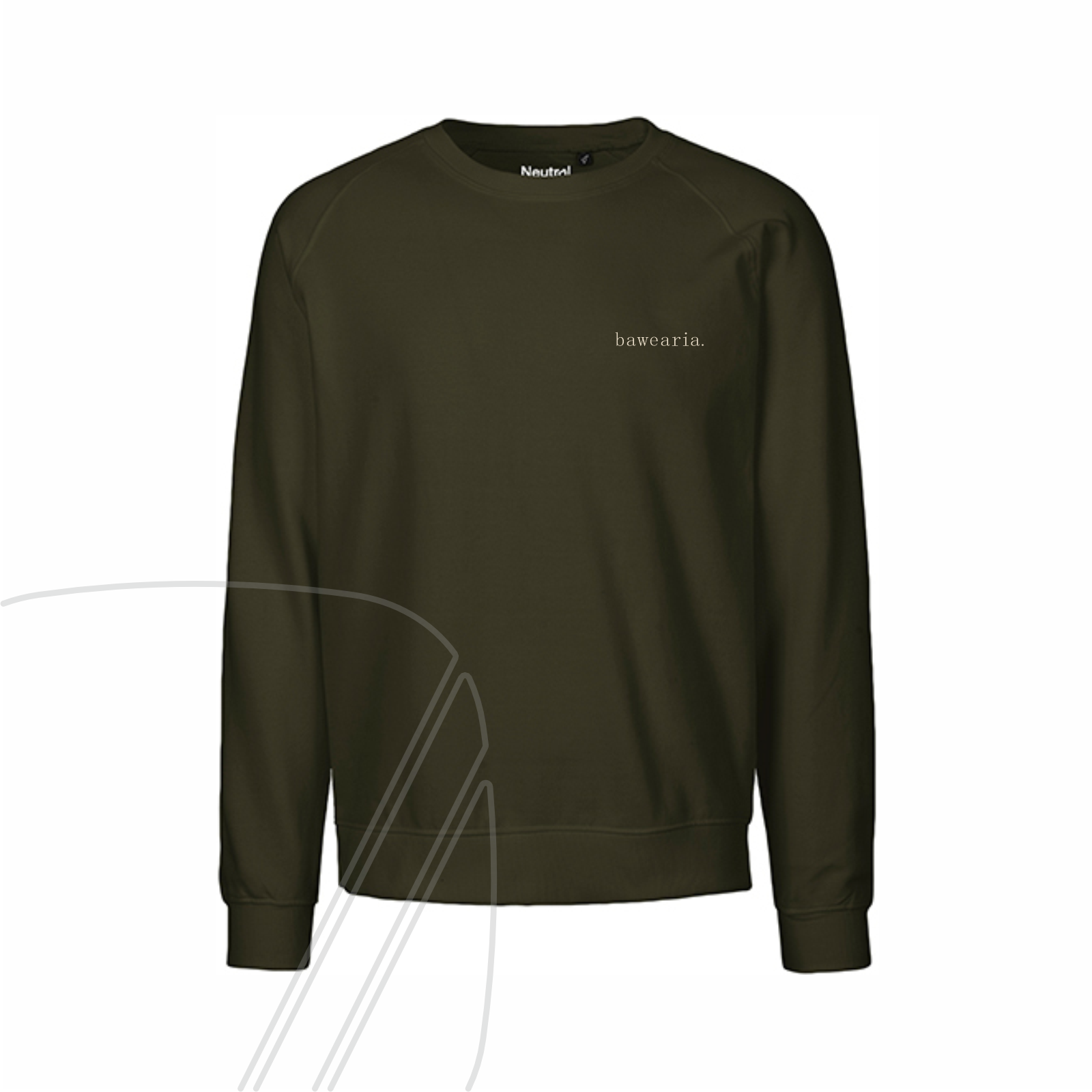 Vorderseite eines olivgrünen Sweatshirts mit kleinem "bawearia"-Schriftzug auf der linken Brust
