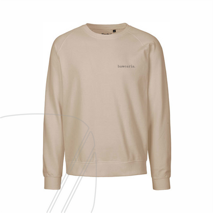 Vorderseite eines sand Sweatshirts mit kleinem "bawearia"-Schriftzug auf der linken Brust