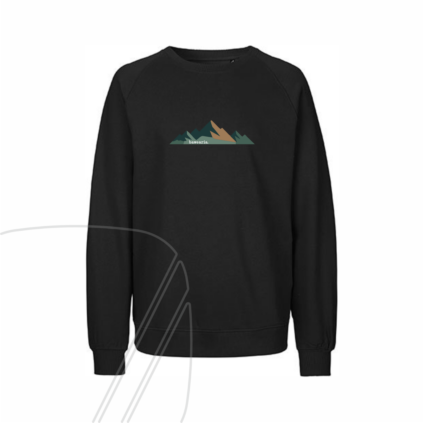 Schwarzes Sweatshirt mit einer minimalistischen Berg- und Wald-Grafik in Grün- und Brauntönen auf der Brust